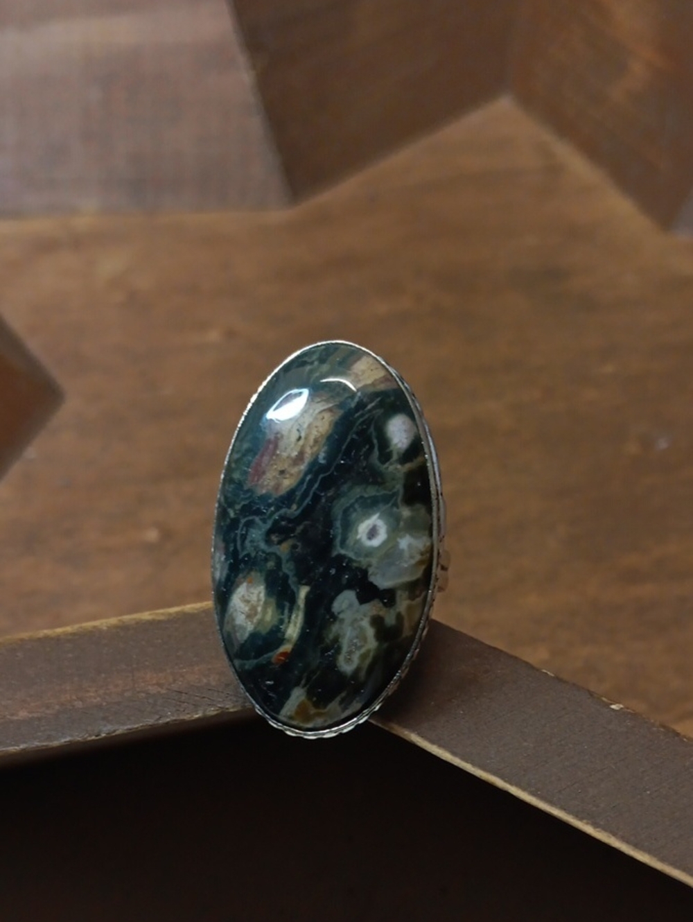 Oval Ocean Jasper Cocktail Ring in Dark Green and Cream